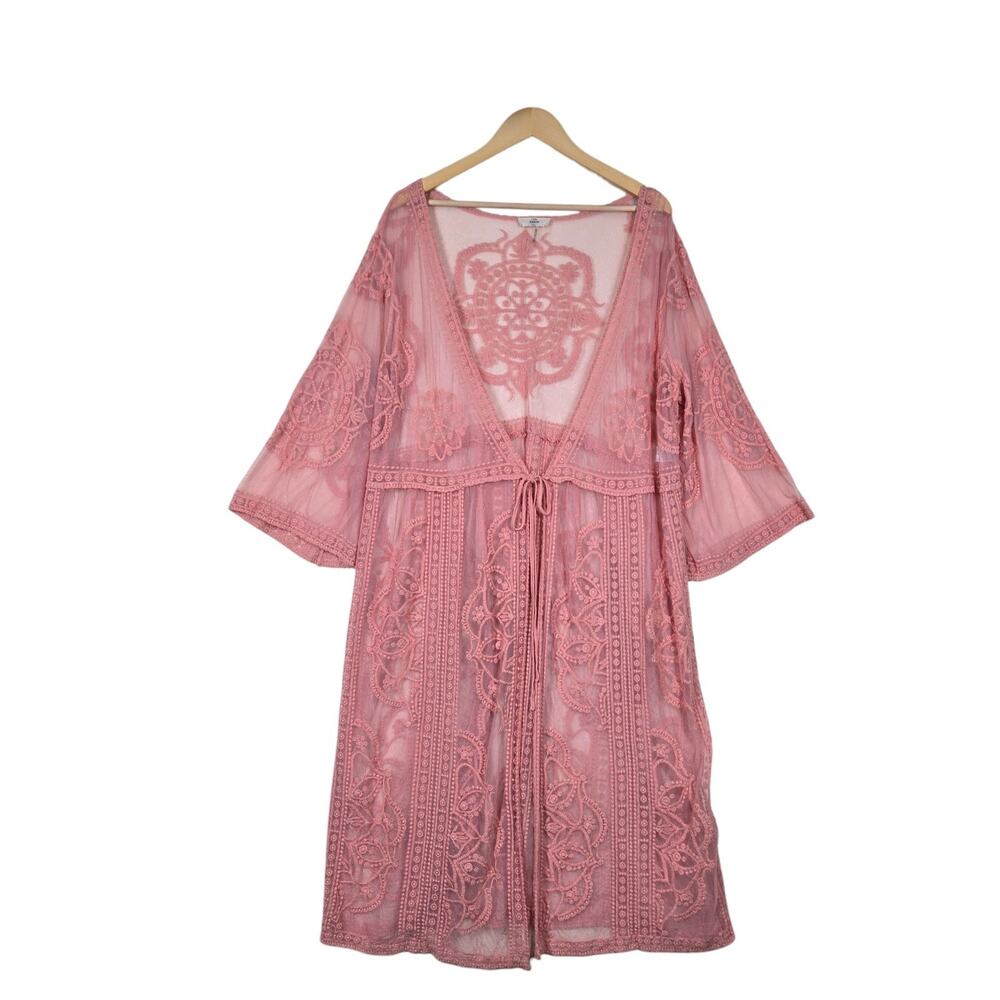 Entro Lace Kimono Duster 2X Peach Boho Festival Cover Up Embroidered Mesh Fairy